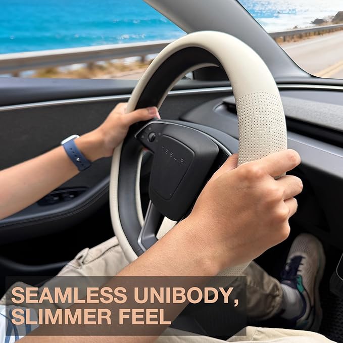 PINCTROT Nappa Leather Steering Wheel Cover for Tesla Model Y/3 Highland/Juniper, D Shaped 14 Inch Small Sized with Breathable Perforation, Fit Like Gloves, Flat Bottom 14 Inch(Nappa Beige)