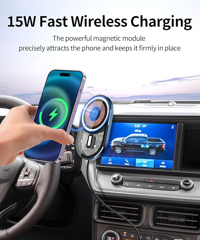 Wireless Charging Car Phone Holder for Ford Maverick 2022-2024, 8" Screen Fixed Clip, 360° Rotation Car Phone Mount Compatible with MagSafe