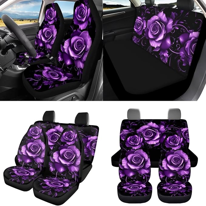 8 Pcs Moon Purple Rose Car Seat Covers Full Set Car Accessories for Women Front Seat Cover Steering Wheel Armrest Cover Seat Belt Cover for Auto SUV Interior Decoration