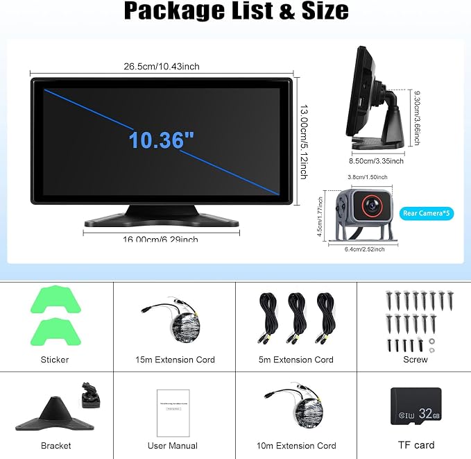 Vehicle Backup Camera for Trucks Pickups Bus Trailers Caravans 10.36-inch IPS HD Screen DVR Recording Reverse Monitor 5 Split Screen Waterproof Night Vision Stable Signal DIY Parking Lines