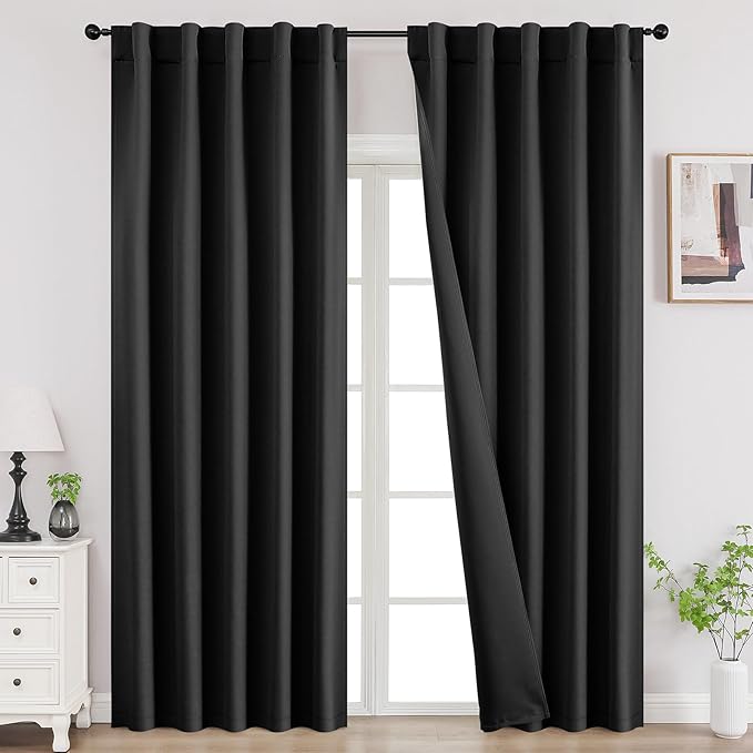 Joydeco Blackout Curtains 108 Inches Long, Thermal Insulated Black Out Curtains 2 Panels Set, Room Darkening Drapes for Living Room Window Rod Pocket Back Tab (W37 x L108 Inch, Black)