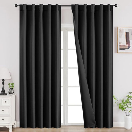 Joydeco Blackout Curtains 108 Inches Long, Thermal Insulated Black Out Curtains 2 Panels Set, Room Darkening Drapes for Living Room Window Rod Pocket Back Tab (W37 x L108 Inch, Black)