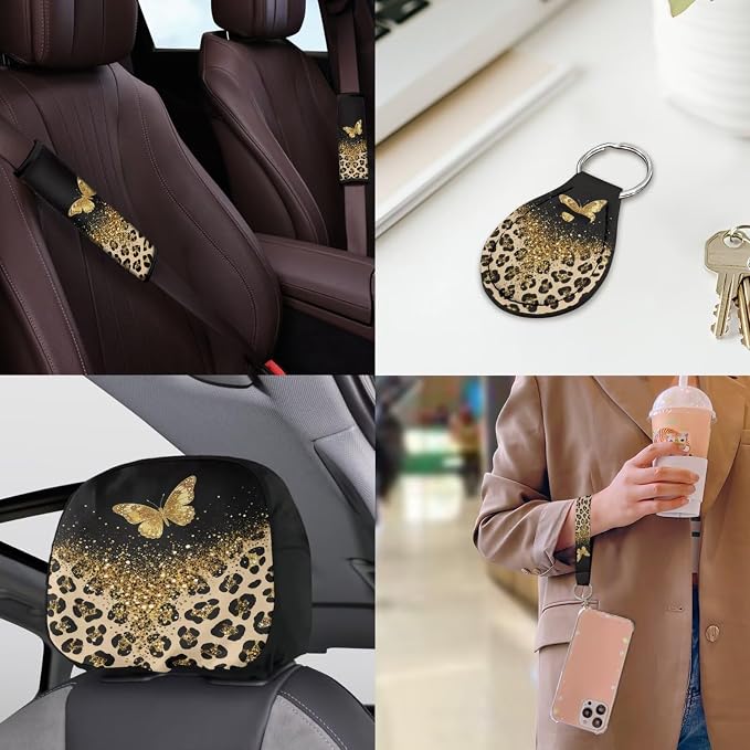 Butterfly Leopard Print Car Seat Covers Full Set Leopard Print Car Accessories Full Set with Butterfly Car Headrest Covers Seat Belt Pads Cover Auto Trash Can Steering Wheel Cover Universal