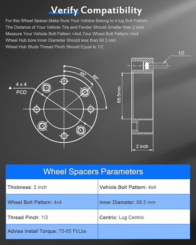 ECCPP 4PCS for ez go 2 inch wheel spacers for golf cart 2 inch wheel spacers ATV 4x4 to 4x4 4x101.6mm to 4x101.6mm 2 inch 4 Lug 1/2" Studs 68.5mm fits for EZGO for Club Car for Golf Cart wheel spacer