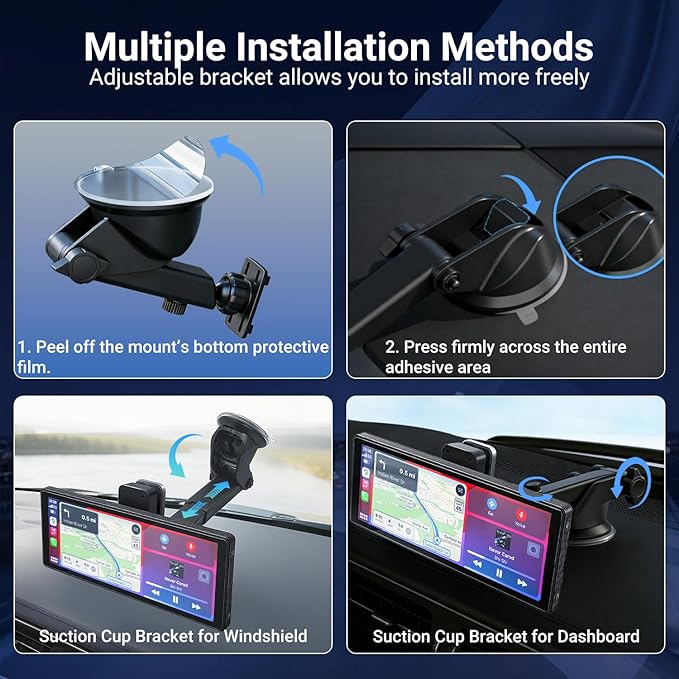 Wireless Carplay Screen for Car 10.26" Portable Touchscreen Car Stereo for Apple Carplay & Android Auto with 4K 360 Rotation Dash Cam & 1080P Backup Camera, Mirror Link, Siri, GPS Navigation, FM