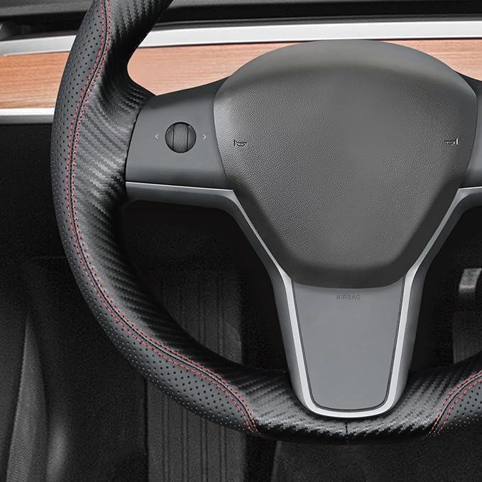 MEWANT Hand Stitch Faux Leather PU Carbon Fiber Steering Wheel Cover Wrap for Tesla Model Y 2023 Tesla Model 3 2020
