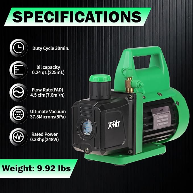 PB Motor Tech Vacuum Pump & Gauge Set, 4.5 CFM Pump w/Brass Manifold Gauge, Quick Couplers, 410 Adapter, Can Tap & Valve Core Tool, For R134A, R12, R22, R502 Refrigerants & AC Maintenance