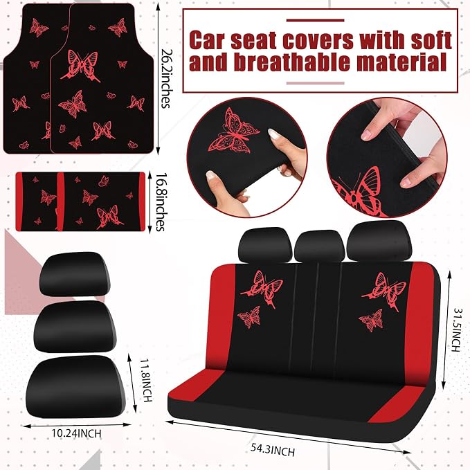 BBTO 47 Pcs Car Seat Full Set Car Accessories for Women 5 Front Rear Seat Covers Wrist Strap 2 Pieces Cup Mat Armrest Pad 2 Belt Cover Accessories for SUV(Red Black)