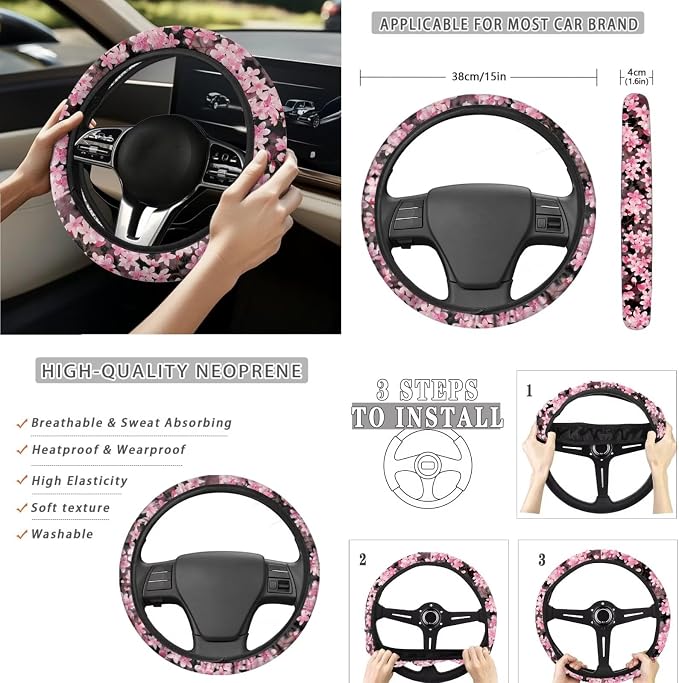 15 Pcs Cherry Blossoms Car Seat Cover Full Set for Women with Car Steering Wheel Cover Seat Belt Cover Trash Bin Front Rear View Mirror Car Cup Holder Keychain