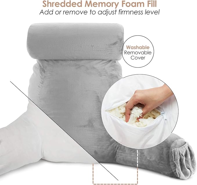 Nestl Reading Pillow with Shredded Memory Foam Includes 2 Neck and Lumber Support Pillows, Designed for Sitting Up in Bed and Couch, Back and Arms Adjustable Support for Adult & Teens, Light Grey