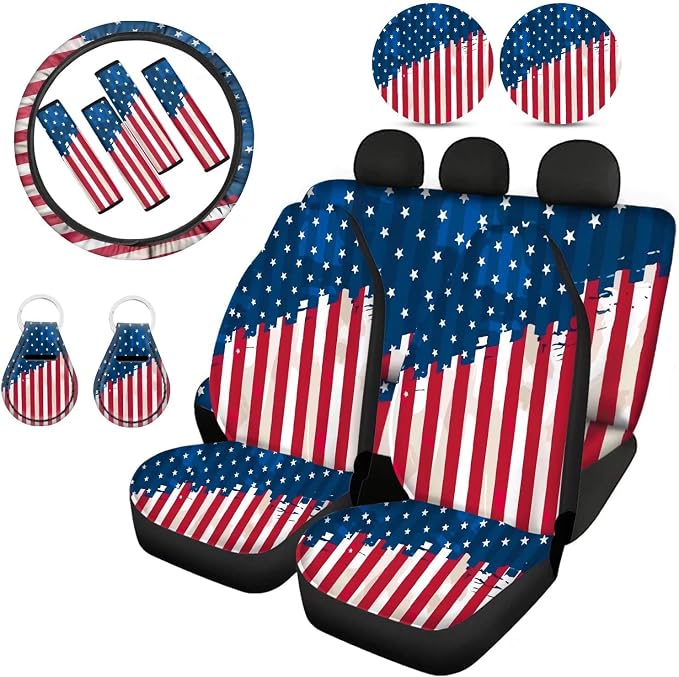 Howilath American Flag July of 4Th Patriotic Car Car Seat Covers Full Set/Steering Wheel Covers/Seat Belt Pads(4 Pack),Keyrings,Coaster,Universal 13 Pieces Auto Accessories