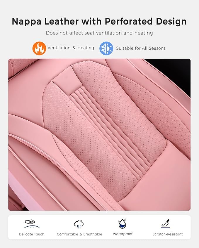 Huidasource Universal Car Seat Cover, Car Seat Cover Set Nappa Leather with Lumbar Support, Side Elastic Fabric, Velcro Adjustable, Airbag, Ventilation, Universal Fit for Most Cars SUV Trucks, Pink