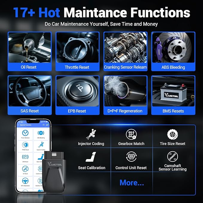 OBD2 Scanner Bluetooth Vdiagtool D100, Bidirectional Scan Tool Wireless - Full System Diagnostic With 17 Resets, Lifetime Updates Crank Sensor Throttle EPB Relearn Car Code Reader for iPhone & Android