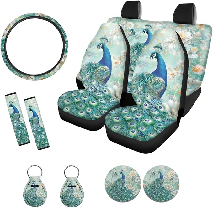 Xoenoiee Peacock Butterfly Peony Print Car Seat Covers and Accessories, Front Rear Seat Covers, Steering Wheel Cover, Seat Belt Pads, Coasters, Keychains for Car SUV Decor, 11 PCS Set
