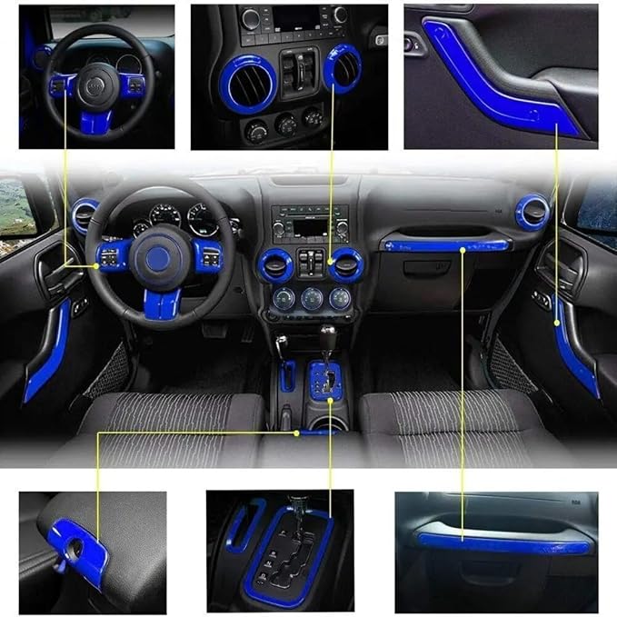 18 PCS Full Set Interior Decoration Trim Kit Steering Wheel Center Console Door Handle Air Conditioning Vent Cup Holder Gear Cover Trim for Jeep for Wrangler JK JKU 2011-2018 4-Door (Red) (Blue)
