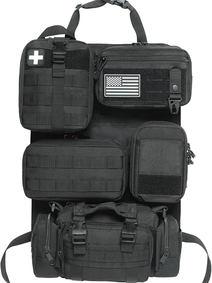 6 Pack Tactical Molle Car Seat Back Organizer - Tactical Vehicle Panel Organizer with 5 Detachable Molle Pouch,US Flag Patch and Keychain,Car Backseat Organizer,Great Trunk Accessories for Man