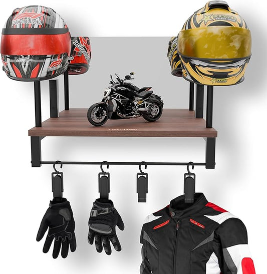 Motorcycle Helmet Holder Wall Mount with Mirror, Rustic Helmet Rack & Gear Hooks, Helmet Hanger Wall Mount for Gloves, Keys & Accessories, Wood & Metal Helmet Display Organizer for Entryways/Garages