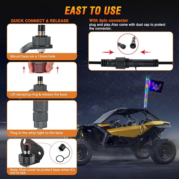 Nilight LED Fat Whip Light 1PC 3FT RGB Lighted Antenna Whips with Remote & App Control DIY Chasing Patterns Brake Reverse Lights for ATV UTV Polaris RZR Can-am Dune Buggy Pickup Trucks Jeep