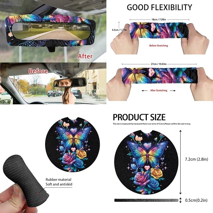 Colorful Rose Butterfly Car Seat Covers Full Set 15 Pcs Universal Car Accessories Steering Wheel Cover Seat Belt Pads Garbage Bag Rearview Mirror Cover Coasters Keychain