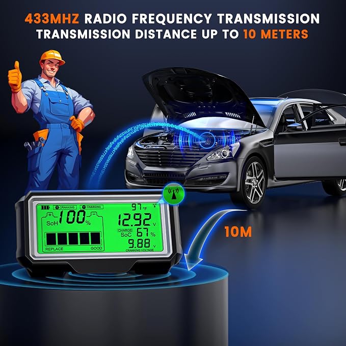 ANCEL BM200 PRO 12V Car Battery Monitor, 433MHz Wireless Transmission Battery Tester with Cranking Charging Test, Voltage & Temperature & Alarm Real-Time Monitoring for Car, Motocycle, RV, Truck, Boat