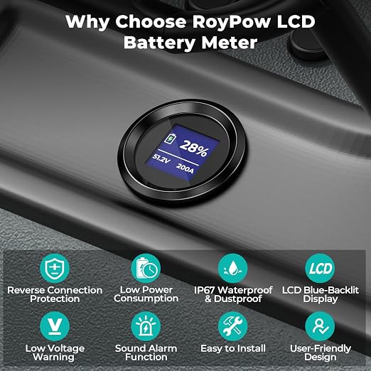 RoyPow Golf Cart Battery Meter LCD Display 36V 48V 72V Lithium Monitor Gauge IP67 Waterproof
