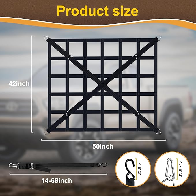 Cargo Net for Pickup Truck Bed, Heavy Duty 1100 lbs Capacity, Adjustable Cam Buckles & S-Hooks, Thick Herringbone Nylon, with Drawstring Storage Bag for Trailers and Trucks (50in*43in)