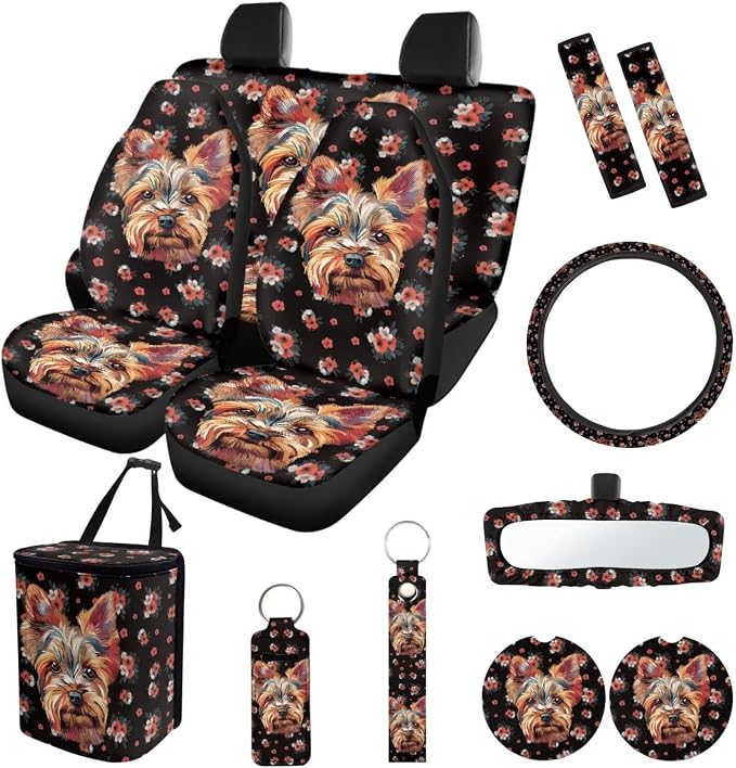 Suobstales Yorkshire Flower Print Car Accessories Set of 13, Car Front & Rear Seat Covers with Steering Wheel Cover, Seat Belt Pad, Trash Can, Rearview Mirror Cover, Coaster, Keychains