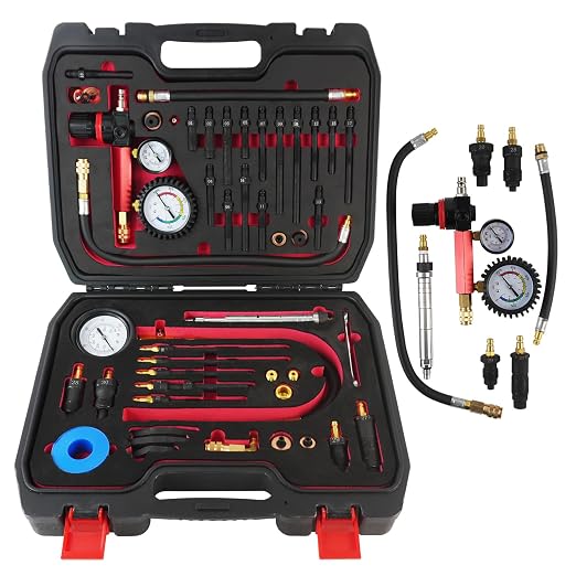 46PCS Engine Compression Testers, Petrol Diesel Cylinder Leak Down | Compression and Leakage Test Kit, Dual Gauge Engine Compression Tester Kit for HDi, TDCi, Pumpe Duse Engine