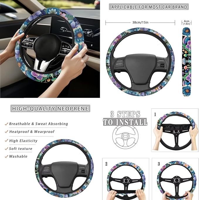 Moon Mushroom Butterfly Car Seat Covers Set of 15 with Universal Steering Wheel Cover, Rearview Mirror Cover, Car Trash Can, Seatbelt Pads, Cup Holder Coasters, Keychains