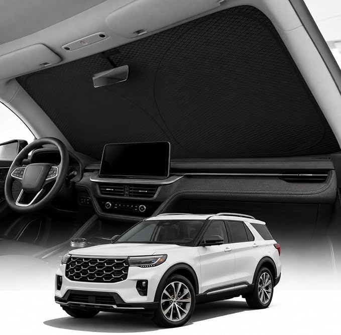 REEVAA 2026 3rd Pro Windshield Sunshade for 2020-2026 Ford Explorer | Dual-Layer Heat & Sun Defense, OEM Design | Foldable Sun Shade Car Accessories with Storage Bag