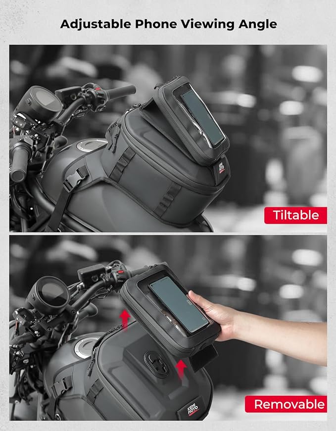 KEMIMOTO Motorcycle Tank Bag with Removable Phone Holder Waterproof EVA Hard Shell Expandable Tank Bag Rain Cover Compatible with All Models of Mobile Phones, 13-16L