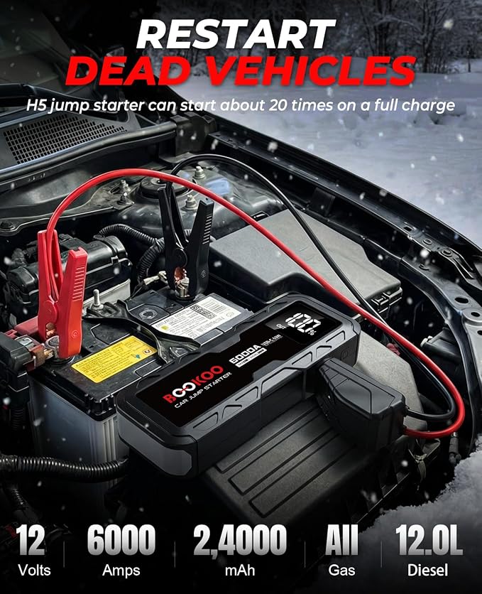 BOOKOO Jump Starter 6000A,12V Portable Car Battery Jump Starter (for All Gas and 12L Diesel Engines) 88.8Wh Jump Box with USB-C 65W 2-Way Fast Charging,160W DC,USB QC3.0,Jumper Cables -2026 Upgrade