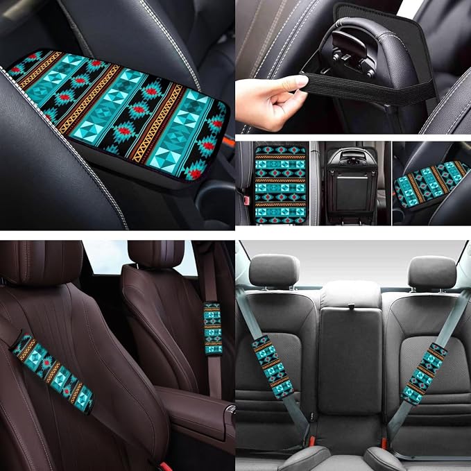 Tribe Aztec Car Seat Covers Sets 12 Pieces Center Console Cover Car Steering Wheel Cover Seat Belt Pads Car Interior Accessories Universal Fit for Cars SUV