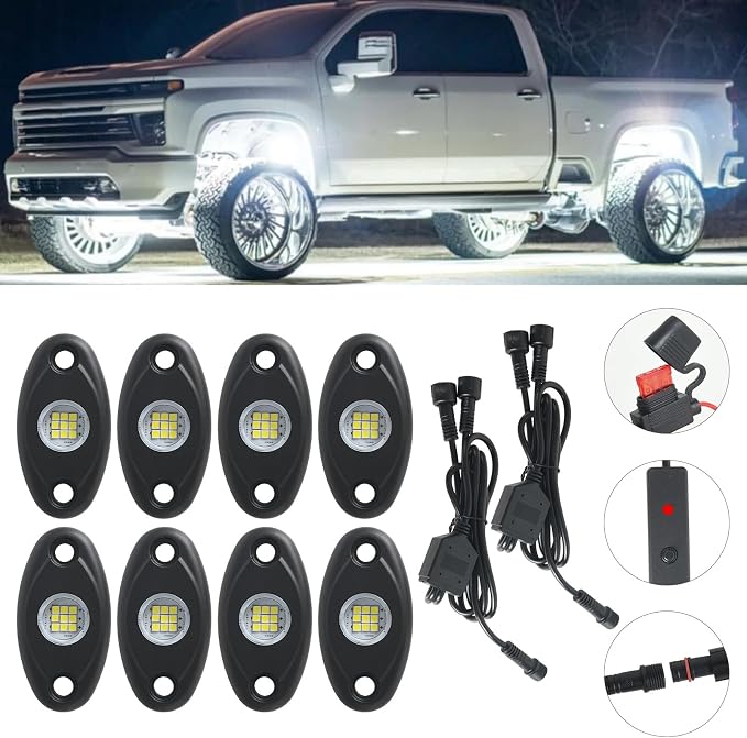8pods White Rock Lights Dc 12v 6000k Aluminum Alloy Pure White Led Rock Lights with Switch Wiring Harness Kit Ip68 Waterproof for Trucks Pickup Off-Road Cars SUV Utv ATV Rv RZR Underglow Lights