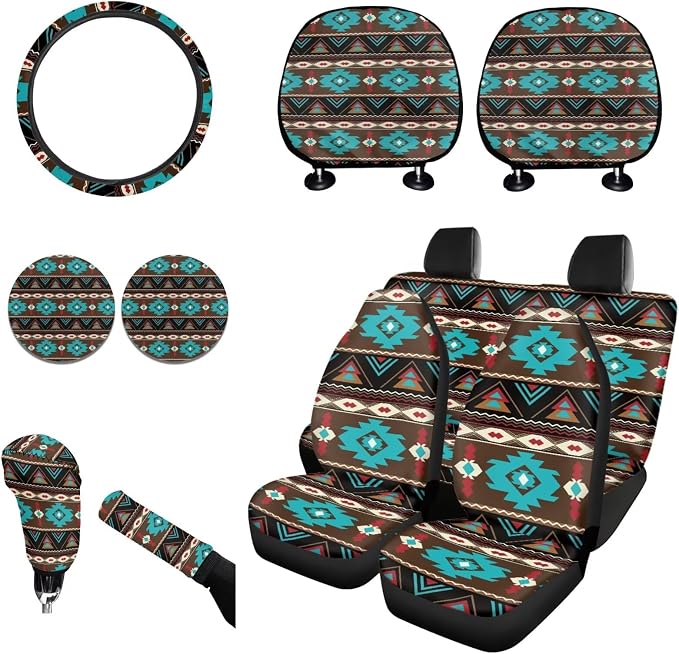 Wanyint Car Seat Cover Set 11 PCS for Men Women, with Soft Breathable Steering Wheel Headrest Cover Handbrake Gear Shift Knob Cover Coasters, Southwest Aztec Teal Brown