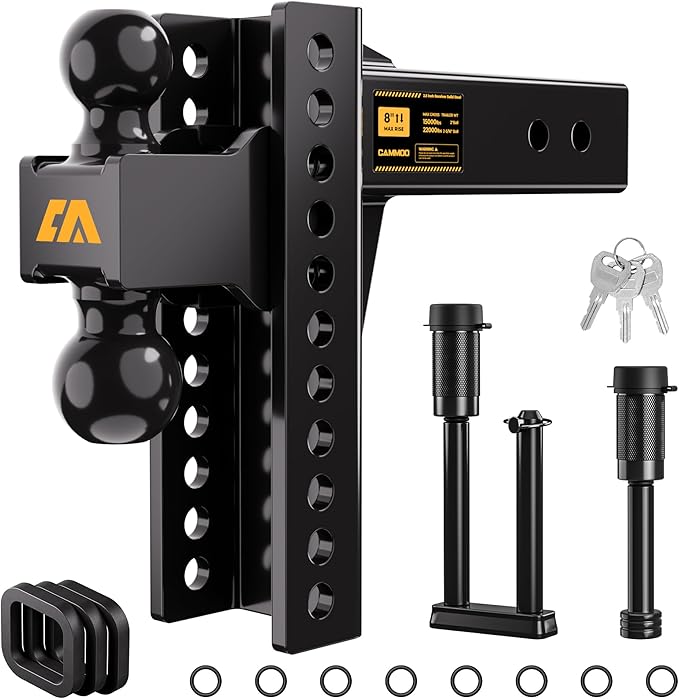 CAMMOO Adjustable Trailer Hitch, Tow Hitch Fits 2.5 inch Receiver, 8inch Rise/Drop Hitch, 2" and 2-5/16" Ball Hitch, 22000 LBS GTW Truck Hitch with U-Shaped Alloy Steel Anti-Theft Pin, Black
