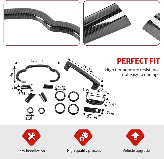 Jimen Fit for Jeep Wrangler JK JKU 2007-2010, 14PCS Interior Kits - Instrument Panel Dashboard Cover, AC Vent Ring, Passenger Grab Handle Trim, A Pillar Speaker Cover (Carbon Fiber)