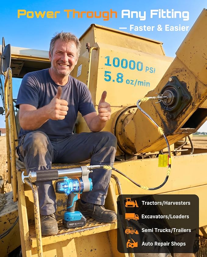 Seesii Electric Grease Gun, 5.8 oz/min Fast Flow Cordless Grease Gun with Auto Lock-On Trigger, 48" Hose, Standard & Quick Release Couplers, Needle Dispenser, Pointed Tip for Tractor & Heavy Equipment | Battery Powered, Auto Faster Greasing, Multi-Coup...