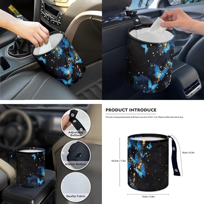 15 Pcs Blue Glitter Butterfly Car Seat Covers Full Set for Women Cute Car Accessories Interior Car Steering Wheel Cover Seatbelt Covers Trash Bin Rear View Mirror Cover Cup Holders Keychain