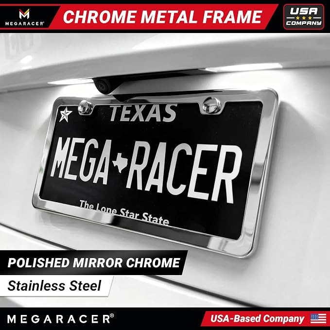 Polished Mirror Chrome Silver Thin License Plate Frames – 2 Pack, Car Wash Proof Stainless Steel, Rust-Free, Rattle-Free, Street Legal, Slim 2 Hole with Screw Caps, Metal Front & Rear Car Tag Holders