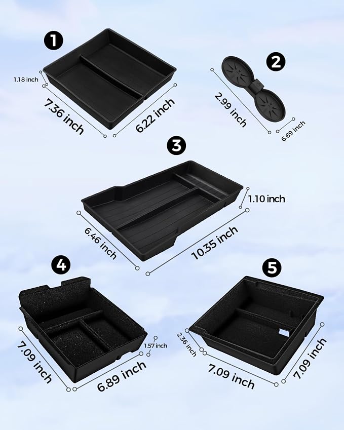 KYX Center Console Organizer Tray for Tesla Model 3 Highland Accessories 2024 Armrest Hidden Drawer Storage Box Cup Holder-5Pcs