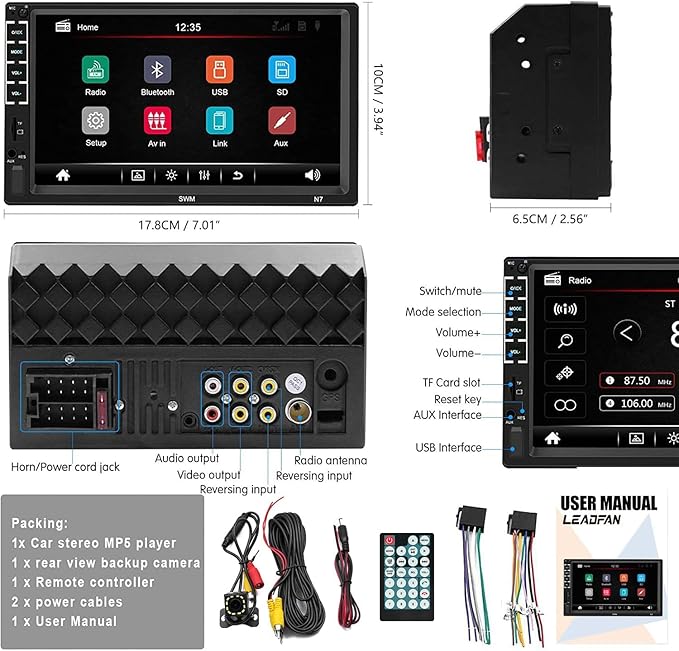 7" Car Stereo Double Din Touch Screen Car Radio Audio Receiver FM Radio Bluetooth Video Remote Control MP5/4/3 Player Android Phone Mirror Link USB/SD/AUX Hands Free Calling with Camera