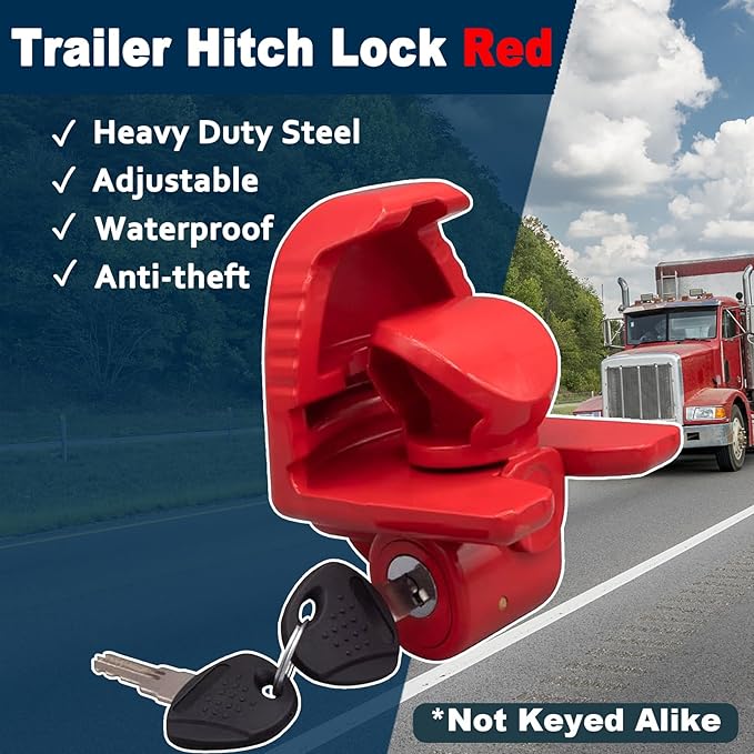 Trailer Hitch Locks with Keys, Fits 1-7/8 2-5/16 2 Inch Ball Hitch Lock Coupler Adjustable Tongue Lock Heavy Duty Steel for Vehicle Trailer Boat and RV, Anti-theft Hitches, Red-2 Pack-Not Keyed Alike
