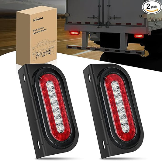 Nilight 6Inch Oval Trailer Tail Light 2PCS Red Brake Stop Turn White Reverse Back Up Lights with Flush Mount Grommets Plugs Mounting Brackets for RV Truck Luggage Rack