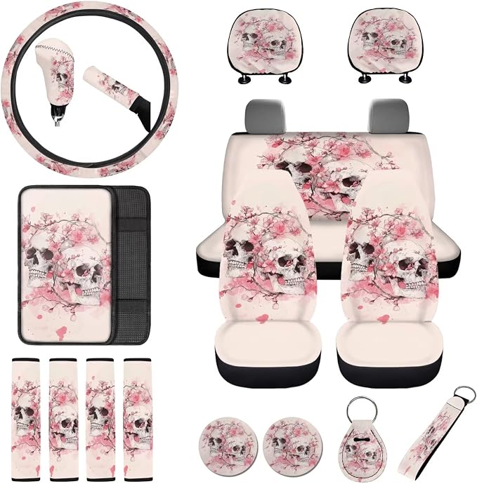 Skull Print Automotive Seat Covers & Accessories Peach Blossom Print Car Front Rear Seat Covers with Steering Wheel Cover Center Console Pad Seatbelt Pads Headrest Protectors