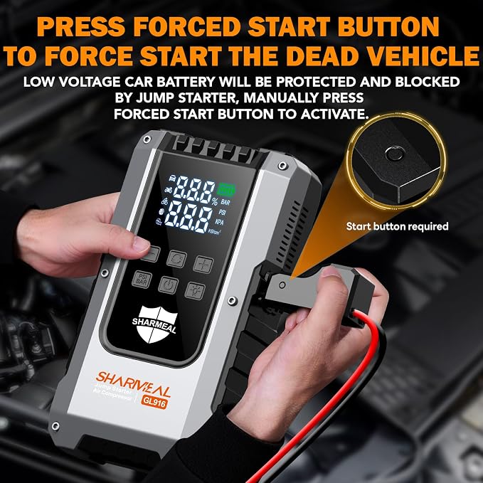 6000A Jump Starter with Air Compressor 160PSI Tire Inflator, 12V Car Battery Fast Charge Portable Jump Starter for All Gas/10L Diesel, Jump Box Pack with 3 Modes Flashlight and Jumper Cables