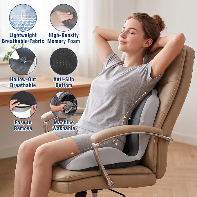 Car Seat Cushion with Lumbar Support Pillow, Memory Foam Office Chair Cushion for Back Pain Sciatica Pain Relief, Ergonomic L-Shaped Seat Cushion for Car Truck Driving Office Chair Home (Back Gray)