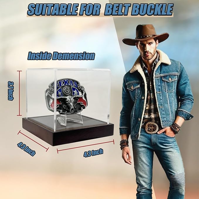 Belt Buckle Display Case - 4"x4"x3.5" Clear Acrylic Box with Solid Wood Base & Stand - UV Protected, Dust-Resistant - for Coins, Watches, Medals, Cards