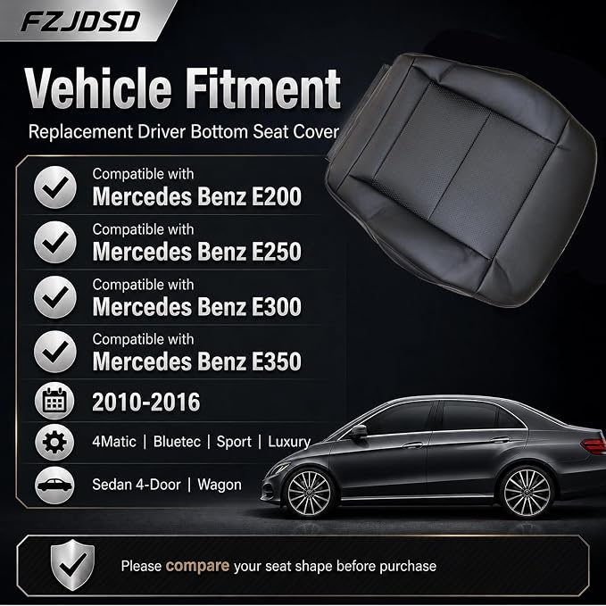 FZJDSD Black Driver Side Bottom & Top Lean Back Perforated Microfiber Leather Replacement Seat Covers Compatible with Mercedes Benz E-Class W212 E200 E250 E300 E350 E550 Sedan Wagon 2010-2016