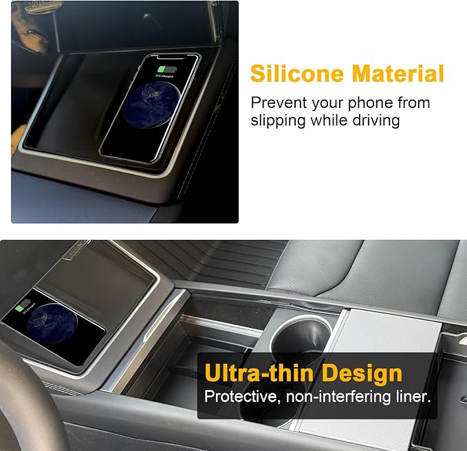 ROCCS 5PCS Center Console Organizer Set Compatible with Model 3 Highland 2024-2025 & Model Y Juniper 2025-2026, ABS Hidden Storage Box with Cup Holder Mat & Wireless Charging Pad Liner, Black